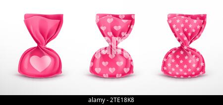 Tartufo di cioccolato vettoriale realistico in involucro rosa con motivi diversi, isolato su sfondo bianco. Confezione luminosa di caramelle, cibo dolce, delizioso spuntino. Una collezione di prelibatezze per bambini. Illustrazione Vettoriale