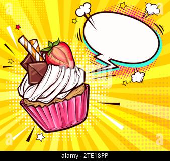 Illustrazione vettoriale di un gustoso cupcake decorato con mezza fragola, pezzi di cioccolato e bastoncini di waffle a strisce. Dessert dolce in stile pop art con panna montata sulla parte superiore, isolato su sfondo giallo. Illustrazione Vettoriale