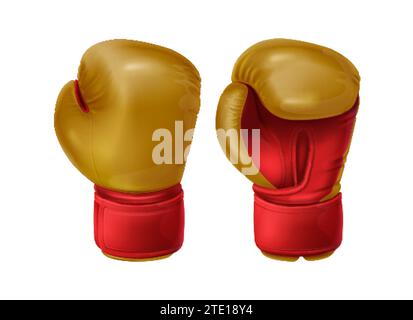 Guanti da boxe in pelle rossi realistici. Attrezzature sportive per proteggere le mani nel pugno. Abbigliamento sportivo Boxer per allenamenti con pugni, sparring antiurto, combattimento o allenamento su borsa da pugno. Illustrazione Vettoriale