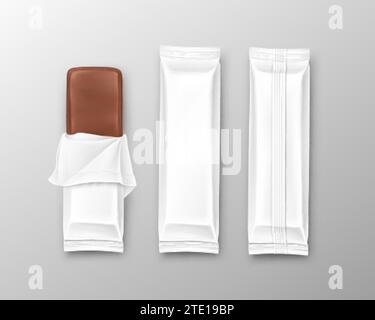 Modello di confezionamento a flusso aperto e modello di barretta di cioccolato, plastica, confezioni di alimenti dolci in lamina, parte anteriore, vista posteriore isolata, illustrazione vettoriale realistica 3D. Modello di prodotto bianco per il design dell'annuncio del marchio. Illustrazione Vettoriale