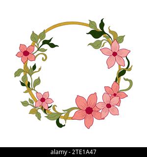 Pianta a corona floreale in art nouveau 1920-1930. Corona disegnata a mano con trame di linee, foglie e fiori. Illustrazione Vettoriale