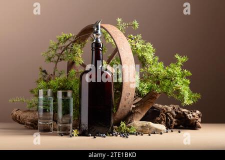 Gin in bottiglia d'epoca con ruota di ferro arrugginita, vecchi strappi e rami di ginepro con frutti di bosco. Foto Stock