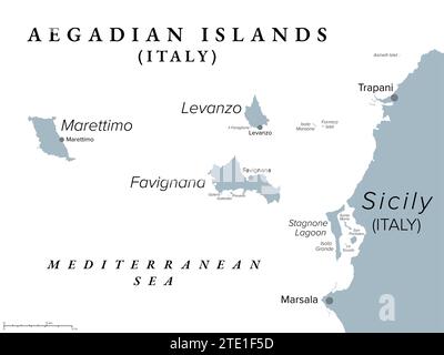 Isole Egadi, Favignana, Levanzo, Marettimo, mappa politica. Gruppo di piccole isole montuose nel Mar Mediterraneo al largo della costa siciliana. Foto Stock
