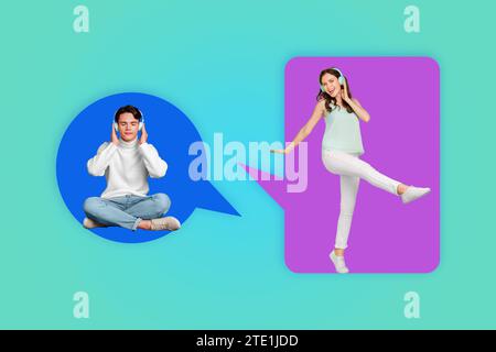Poster di immagini collage creativo due bellissimi ragazzi divertenti e divertenti che parlano ascoltano parlano parlano parlano parlano parlano parlano parlano parlano e parlano striscione a distanza Foto Stock