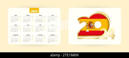 Calendario tascabile spagnolo 2024. Felice nuovo anno icona 2024 con la bandiera della Spagna. Calendario vettoriale. Illustrazione Vettoriale