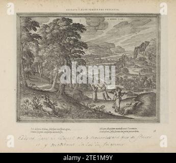Ezra mangia dai fiori nel campo, 1613 paesaggio collinare con Ezra sulla sinistra che mangia dai fiori nel campo. Sul lungomare, Ezra si trova accanto a una donna in lutto con i vestiti strappati. Inoltre, Ezra, mentendo, e l'angelo uriel. Con un motto in latino sopra la performance e una didascalia a quattro righe in latino sotto la stampa. La stampa fa parte di un album. Tipografia: Antwerppublisher: Stampa di carta tipografica di Amsterdam / incisione di paesaggi collinari con Ezra a sinistra che mangia dai fiori nel campo. Sul lungomare, Ezra si trova accanto a una donna in lutto con i vestiti strappati. In annuncio Foto Stock