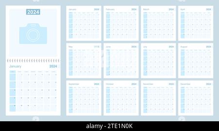 2024 Wall planner di colore blu, la settimana inizia la domenica. Calendario con il giorno del mese precedente e successivo. Illustrazione Vettoriale