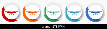 Drone, copter, set di icone vettoriali per fotocamere aeree, icone piatte per la progettazione di logo, web design e applicazioni mobili, pulsanti rotondi colorati Illustrazione Vettoriale