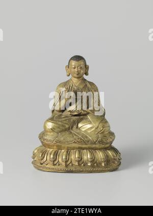 Old, the Old dpal ldan tshul khrims , c. 1500 - c. 1699 immagine del lama Dpal Ldan Tshul Khrims (1333-1399), uno dei maestri nella trasmissione della dottrina LAM 'Bras (' Pad and Result') all'interno della scuola Sakyapa del buddismo tibetano. Con la mano destra, De Lama apre il gesto dell'educazione (Vitarkamudra) e la sinistra è aperta nel giro. Sul retro del LotusCock c'è un'iscrizione tibetana che recita "onore a Dpal Ldan Tshul Khrims Pa'". Fusione di rame (metallo) del tibet centrale immagine del lama Dpal Ldan Tshul Khrims (1333-1399), uno dei maestri nella trasmissione del LAM'Bra Foto Stock