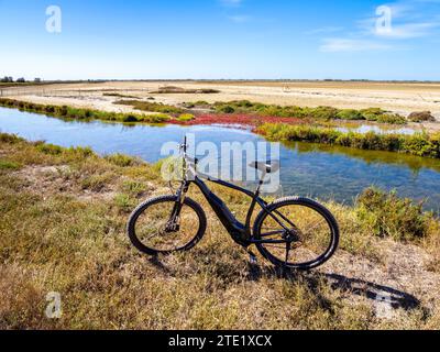 Camargue, Francia - 5 ottobre 2023: Una bicicletta elettrica lungo la strada della Camargue, una riserva naturale - pianura alluvionale in Provenza, a sud di Franc Foto Stock