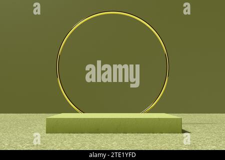 Podio o piattaforma rettangolare verde con cerchio dorato e sfondo verde. Modello di mockup per la presentazione del prodotto. Rendering 3D. Foto Stock