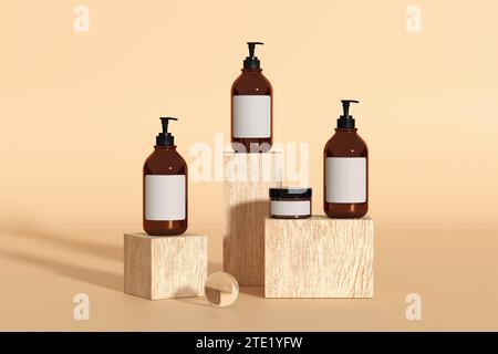 Set di bottiglie di sapone liquido e crema color ambra con etichetta vuota su podi di legno. Mock up astratto naturale e organico per la pubblicità dei prodotti, sp Foto Stock