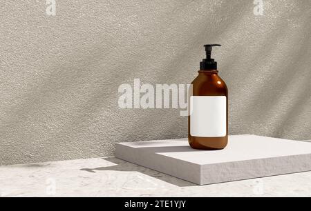 Flacone di sapone liquido color ambra con etichetta vuota. Modello astratto naturale, biologico per la pubblicità dei prodotti, spa, cura del corpo, relax e salute. Foto Stock