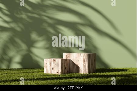 Cavalletti in legno a forma di cubo o podi sull'erba verde di un giardino per l'esposizione del prodotto. Soleggiata atmosfera estiva all'aperto con ombra di foglie di palma sul gr Foto Stock