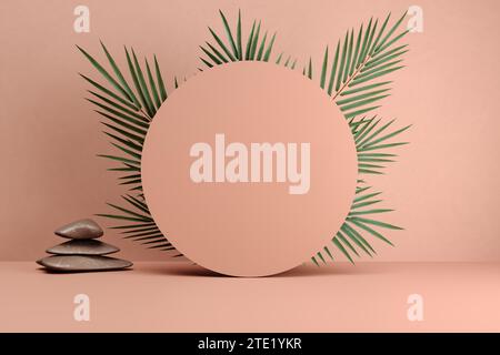Podio cilindrico rotondo color marrone cioccolato o piattaforma con foglie di palma e pietre zen. Mockup per esposizione o presentazione di prodotti naturali o per la salute Foto Stock