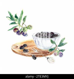 Olive, rametto, olive nere su un piatto, tavola di legno. Illustrazione acquerello isolata su sfondo bianco. Elemento di design per etichette alimentari, imballaggi, Foto Stock