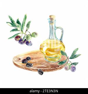 Olio d'oliva, olive, ramoscelli, olive nere su un asse di legno. Illustrazione acquerello isolata su sfondo bianco. Elemento di design per etichette alimentari, packagi Foto Stock