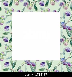 Acquerello con cornice in oliva, quadrato. Illustrazione botanica isolata su sfondo bianco. Elemento di design per etichette alimentari, imballaggi, opuscoli, coperture, cartoncini Foto Stock