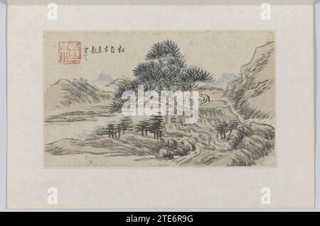 Landscape, Cheng Men, 1850 - 1900 rivista album con un paesaggio. Firmato da Cheng Men, noto come pittore di porcellana a Jingdezhen. Inchiostro Shexian. Rivista Paper album con orientamento orizzontale. Firmato da Cheng Men, noto come pittore di porcellana a Jingdezhen. Inchiostro Shexian. carta Foto Stock