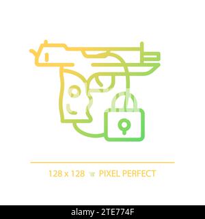 Icona di sicurezza della pistola gradiente Perfect pixel a linea sottile 2D. Illustrazione Vettoriale