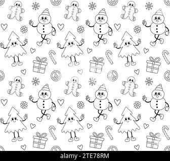 Motivo vettoriale senza cuciture di un cartoni animati dal gusto retrò Christmas isolato su sfondo bianco Illustrazione Vettoriale