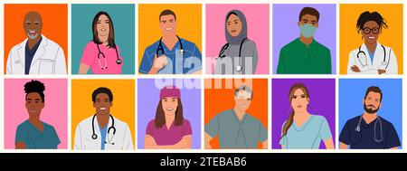 Diversi medici, infermieri avatar colorati arte vettoriale Illustrazione Vettoriale
