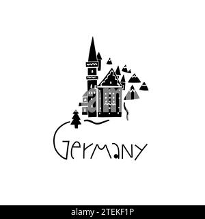 Etichetta Vector Hand Drawn Germany. Illustrazione Travel Europe. Illustrazione scritta a mano. Logo del simbolo della Germania Illustrazione Vettoriale