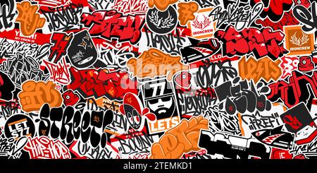 Sfondo lettering Street Art con adesivi Urban Graffiti colorati e alla moda astratti senza cuciture Illustrazione Vettoriale
