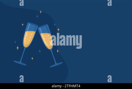 Due bicchieri di vino frizzante o champagne su sfondo blu scuro con spazio per le copie. Illustrazione vettoriale in stile piatto Illustrazione Vettoriale