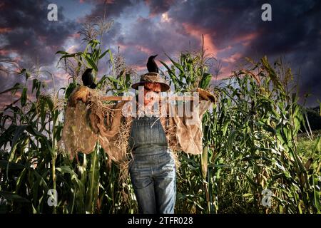 Spaventapasseri in un campo di mais per halloween Foto Stock