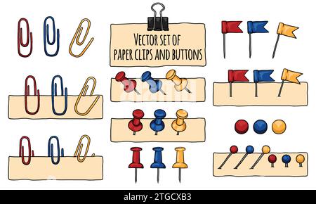 Set vettoriale di graffette colorate, bottoni e dispositivi di fissaggio per carta e cancelleria. Illustrazione Vettoriale