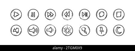 Riproduzione interfaccia computer Doodle, stop, avanti, indietro, luminosità, pulsanti di esclusione microfono, modalità inattiva. Elementi grafici e di progettazione dell'interfaccia utente. Gioco con schizzi disegnati a mano Illustrazione Vettoriale