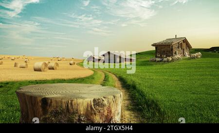 Tavolo per alberi in legno Podium in Farm display per alimenti, profumi e altri prodotti sullo sfondo della natura, tavolo in Una fattoria con erba, case, pecore e paglia Foto Stock