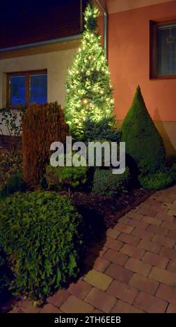 Albero di Natale illuminato di fronte alla casa durante Natale e Capodanno. Spirito natalizio davanti alla casa Foto Stock
