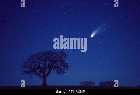 La cometa Hale Bopp nel cielo illuminato dalla luna dal Northumberland, Inghilterra Foto Stock