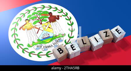 Belize - cubi di legno e bandiera di campagna - illustrazione 3D. Foto Stock