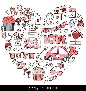 Set di doodle a tema San Valentino disegnato a mano e colorato, Clipart a forma di cuore per il 14 febbraio Illustrazione Vettoriale