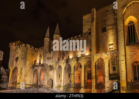 Famoso Palais des Papes illuminato di notte ad Avignone, Vaucluse, Provenza, Francia Foto Stock