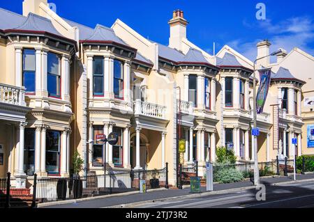 Case a schiera vittoriane, Stuart Street, Dunedin, regione di Otago, South Island, nuova Zelanda Foto Stock