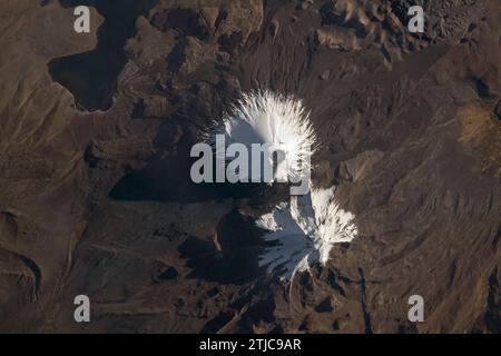 Gli stratovulcani di Parinacota e Pomerape (dall'alto verso il basso) visti dalla stazione spaziale Internazionale mentre orbitavano 263 miglia sopra il Cile, Sud America. Parinacota è un vulcano dormiente al confine Cile-Bolivia e il suo picco è di circa 20.800 metri. Pomerape, attiva l'ultima volta oltre 100.000 anni fa, si trova anche al confine tra Cile e Bolivia, con un'altitudine di circa 20.600 metri. In alto a sinistra si trova il lago Chungar‡, nel Cile settentrionale, che si trova a circa 14.800 metri sopra il livello del mare. Crediti immagine: NASA Foto Stock