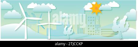 illustrazione delle turbine eoliche eco-city con sfondo blu Illustrazione Vettoriale