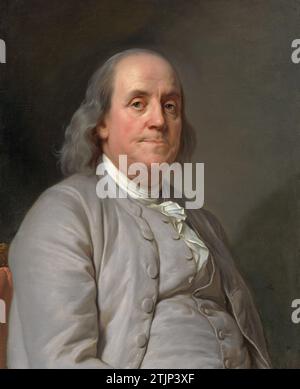 Benjamin Franklin di Joseph Siffred Duplessis. Franklin era l'americano più famoso al mondo, ancora altamente visibile come il volto sulla banconota da 100 dollari. Questo ritratto fu scelto come base per quell'incisione nel 1995. Franklin rappresentò gli interessi coloniali in Inghilterra dal 1757 al 1775. Al suo ritorno, fu eletto all'unanimità per rappresentare la Pennsylvania al secondo Congresso continentale. Dietro di lui, una vita di successi come tipografo, autore di arguzia e saggezza, inventore e scienziato. Una versione ottimizzata di una foto di un dipinto nella US National Portrait Gallery, Smithsonian Institution Foto Stock