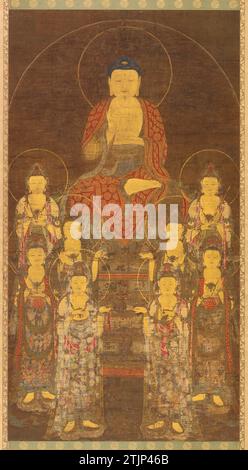 Buddha Amitabha (Amita) e gli otto grandi Bodhisattva. Buddha e otto discepoli. Il Buddha è seduto su un trono di loto in alto, nell'atteggiamento dell'insegnamento. Il suo trono poggia su un altare decorato con motivi di loto, e prima di questo e ai suoi lati vi sono otto Bodhisattva, gli "esseri dell'Illuminismo", raffigurati in bellezza e con abiti brillanti. Ognuno, come il Buddha stesso, ha un nimbus. Forteenth Century, tardo periodo Goryeo, Corea versione ottimizzata di una fotografia dell'oggetto nella collezione della Freer Gallery of Art, Smithsonian Institution, Washington, D.C Foto Stock