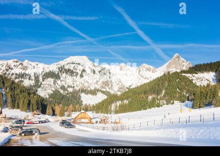 Parco nazionale Gesäuse: Skilift Kaiserau, sci alpino, neve, montagna Admonter Reichenstein a Gesäuse, Steiermark, Stiria, Austria Foto Stock