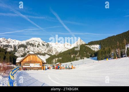 Parco nazionale Gesäuse: Skilift Kaiserau, sci alpino, neve, montagna Admonter Reichenstein a Gesäuse, Steiermark, Stiria, Austria Foto Stock