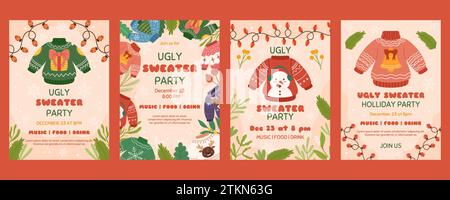 Modello di poster natalizio con spazio per la copia, invito per la festa di Natale del maglione Ugly. Volantino verticale decorato con rami di piante, maglioni divertenti, ligh Illustrazione Vettoriale