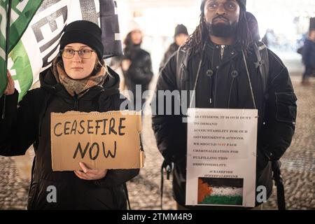 Monaco, Germania. 20 dicembre 2023. La Palestina parla come ogni mercoledì organizzava una manifestazione a Monaco, in Germania, il 20 dicembre 2023. Le loro richieste: ' Stop the Genocide ' e ' End Israeli Apartheid '. (Foto di Alexander Pohl/Sipa USA) credito: SIPA USA/Alamy Live News Foto Stock