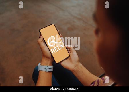 In questa immagine, il logo del gruppo RELX viene visualizzato sullo schermo dello smartphone. Foto Stock