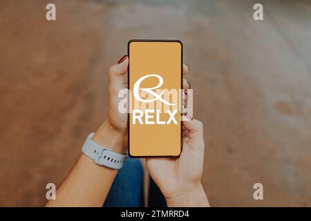 In questa immagine, il logo del gruppo RELX viene visualizzato sullo schermo dello smartphone. Foto Stock