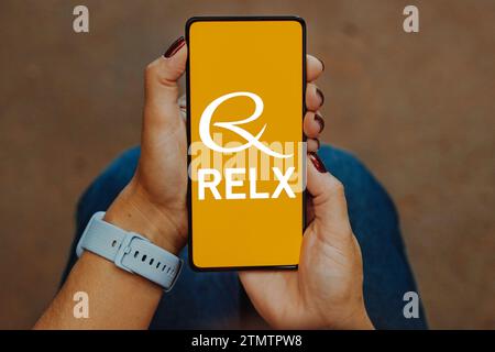 In questa immagine, il logo del gruppo RELX viene visualizzato sullo schermo dello smartphone. Foto Stock